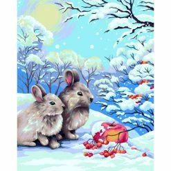 Le moins cher 👍 Peinture Numéro Kit Peinture Par Numéros Wizardi Lapins En Forêt D'Hiver 40x50 Cm L018 🧨